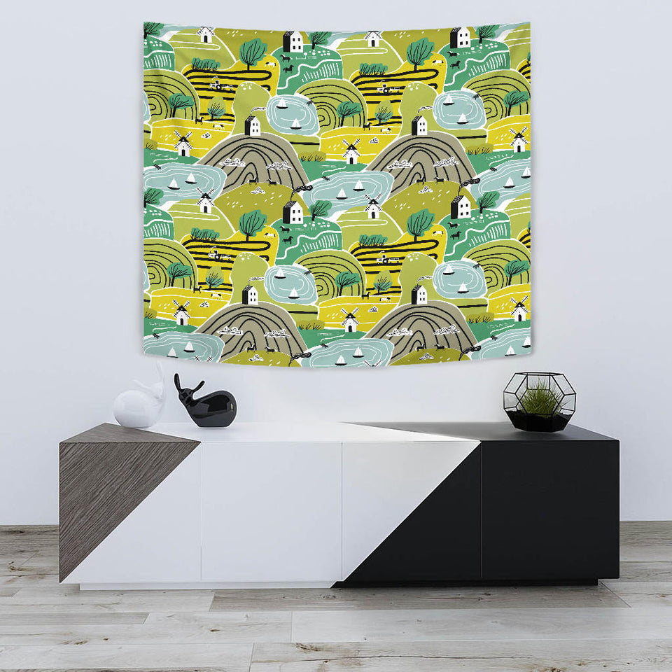 Hand Drawn Windmill Pattern Wall Tapestry