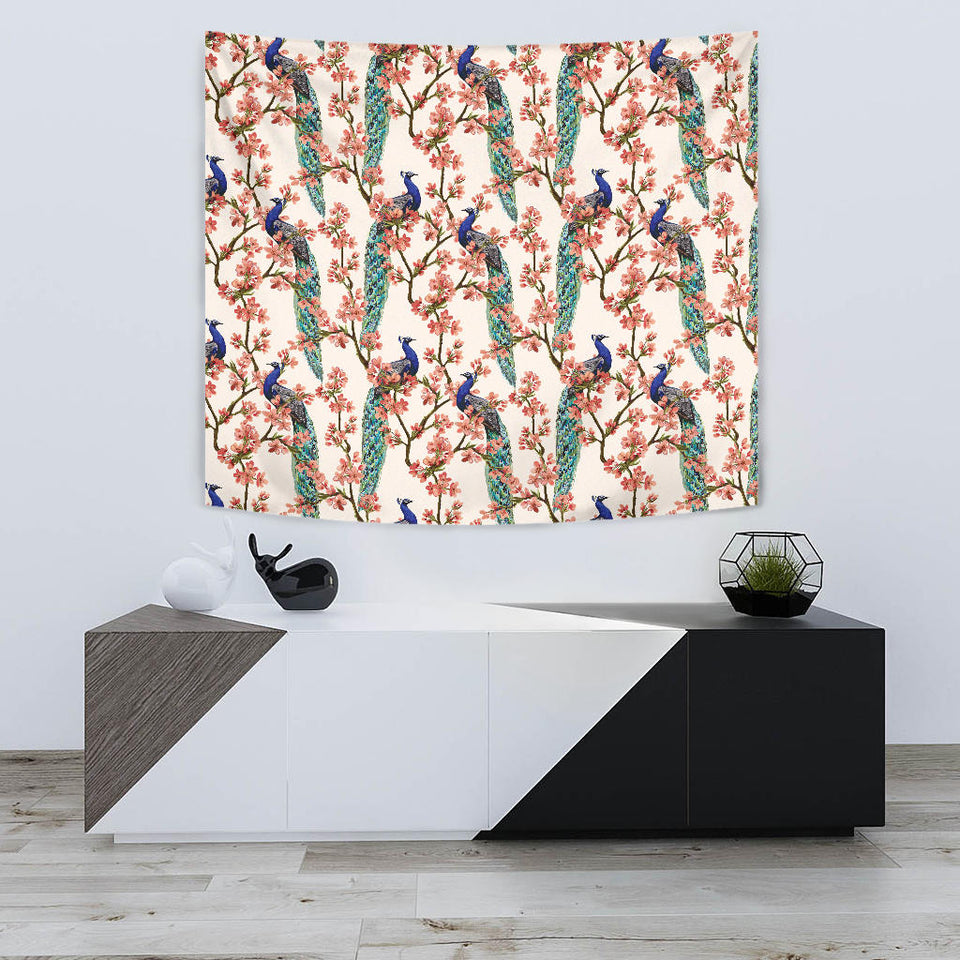 Peacock Tropical Flower Pattern Wall Tapestry