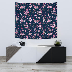 Pink Sakura Cherry Blossom Blue Background Wall Tapestry