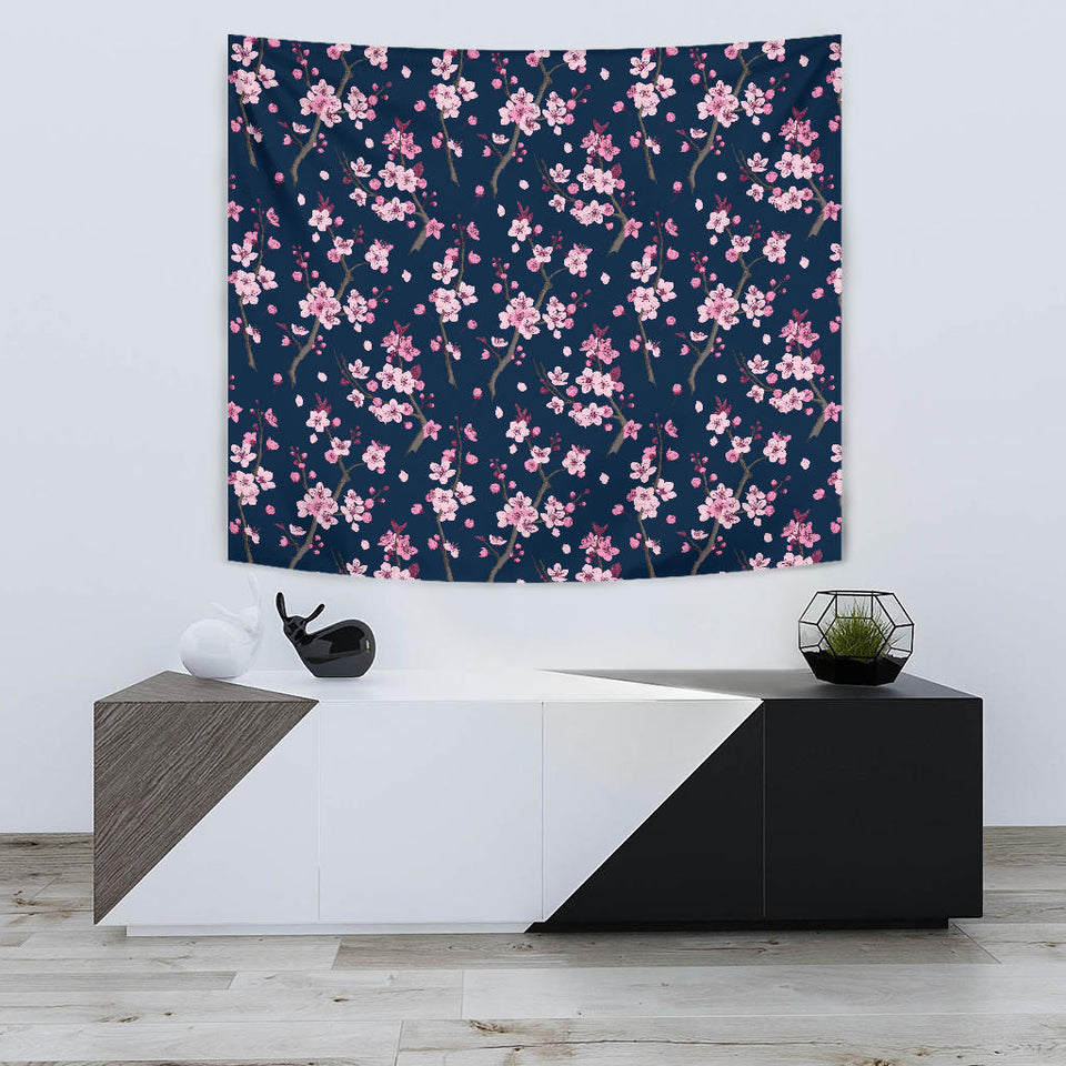 Pink Sakura Cherry Blossom Blue Background Wall Tapestry