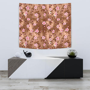 Pink Sakura Cherry Blossom Drak Brown Background Wall Tapestry