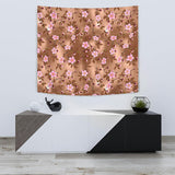 Pink Sakura Cherry Blossom Drak Brown Background Wall Tapestry