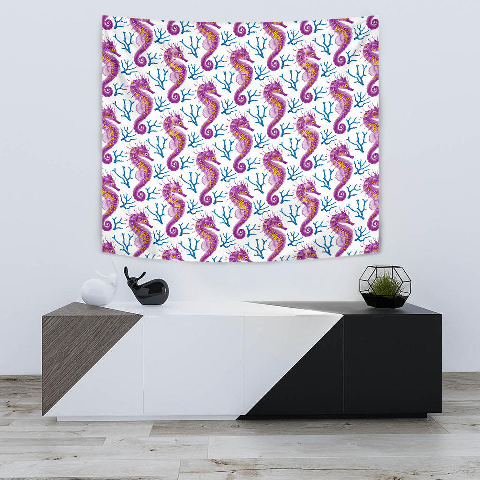 Purple Seahorse Blue Coral Pattern Wall Tapestry