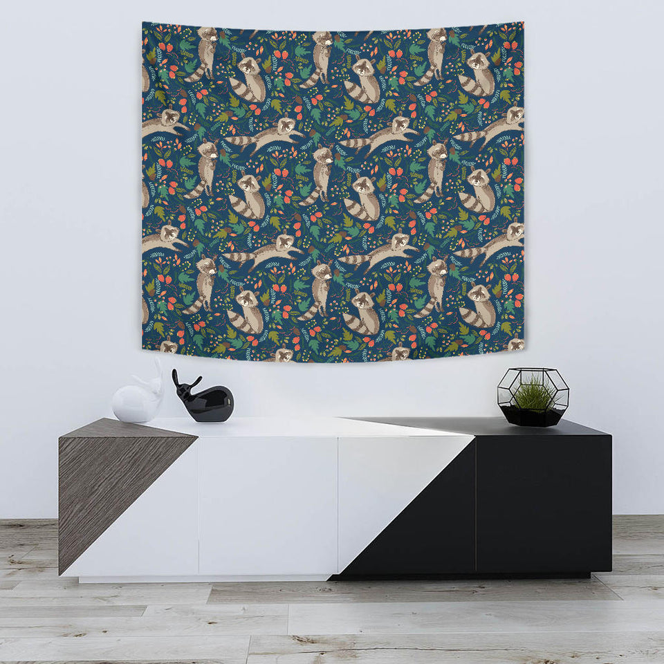 Raccoon Tropical Leaves Pattern Wall Tapestry
