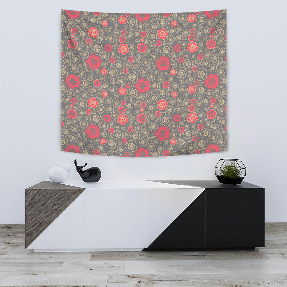 Red Gold Sakura Cherry Blossom Gray Background Wall Tapestry