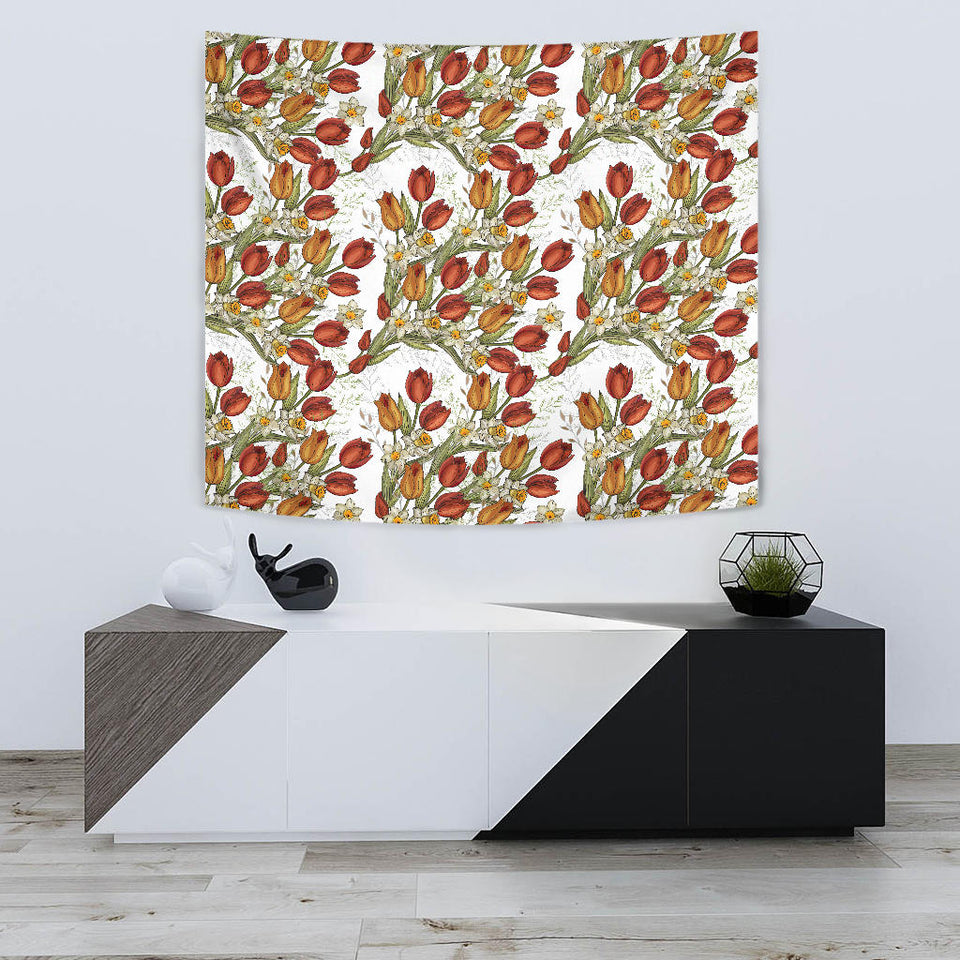 Red Tulips And Daffodils Pattern Wall Tapestry