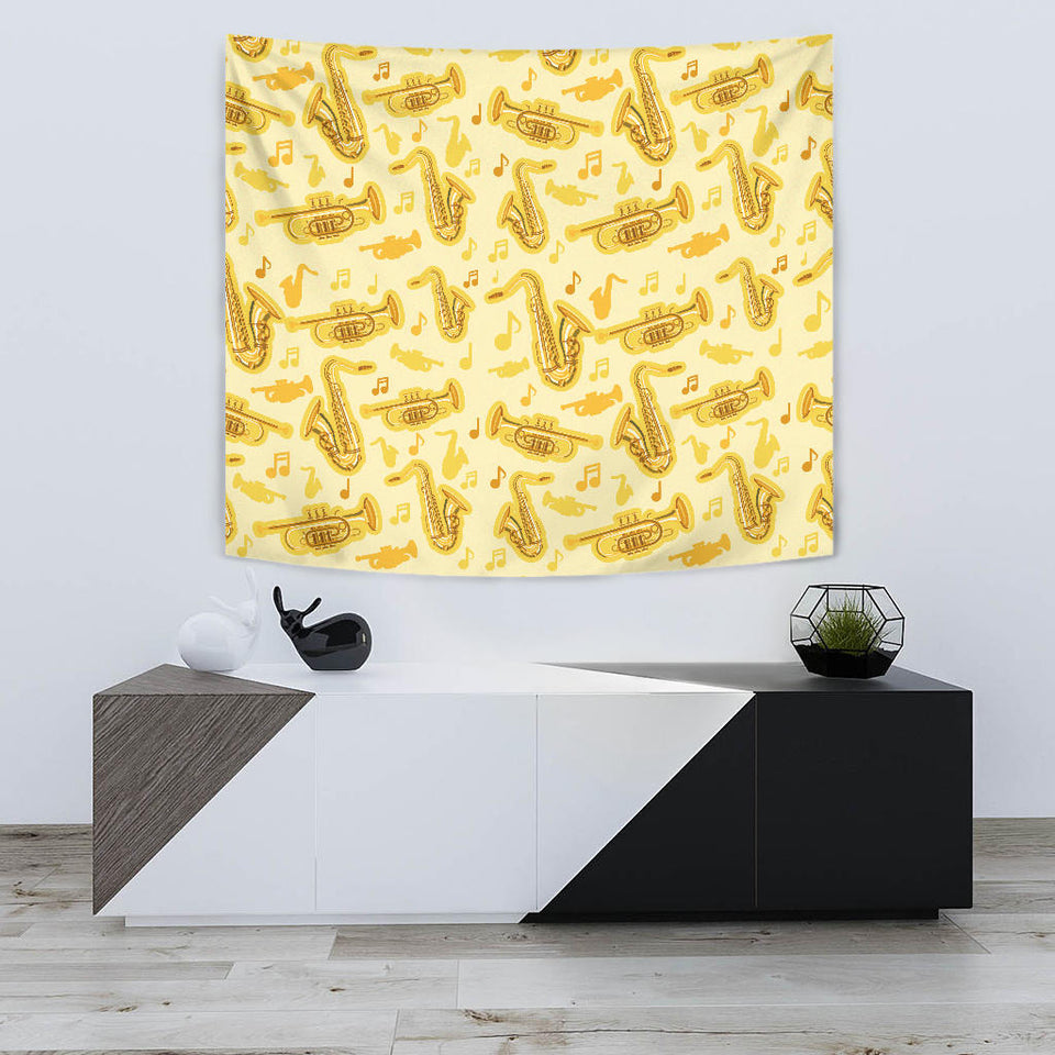 Saxophone Cornet Pattern Yellow Background Wall Tapestry