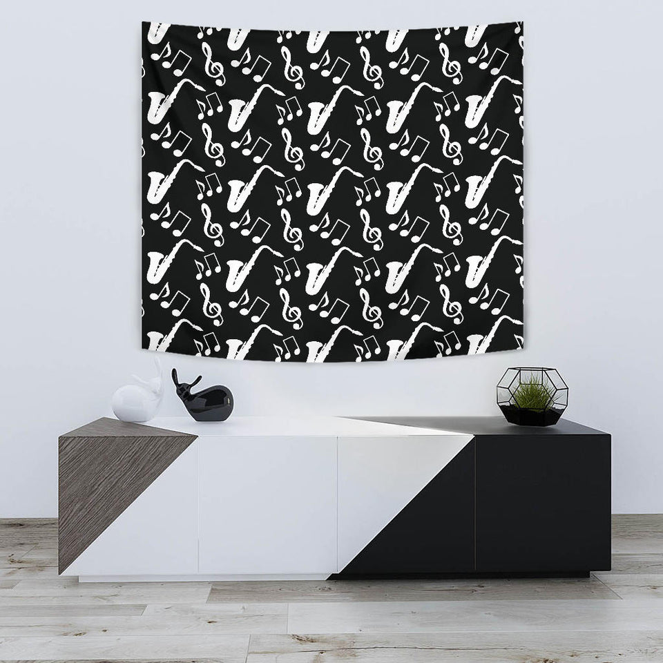 Saxophone Music Notes Treble Clef Black White Theme Wall Tapestry
