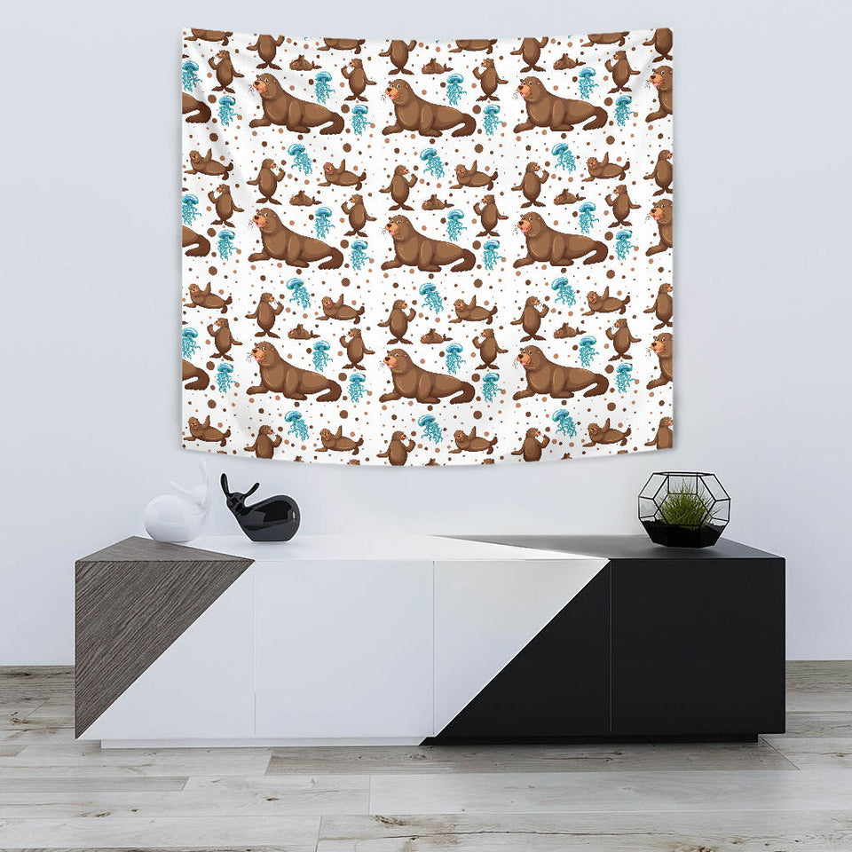 Sea Lion Seals Jellyfish Pattern Wall Tapestry