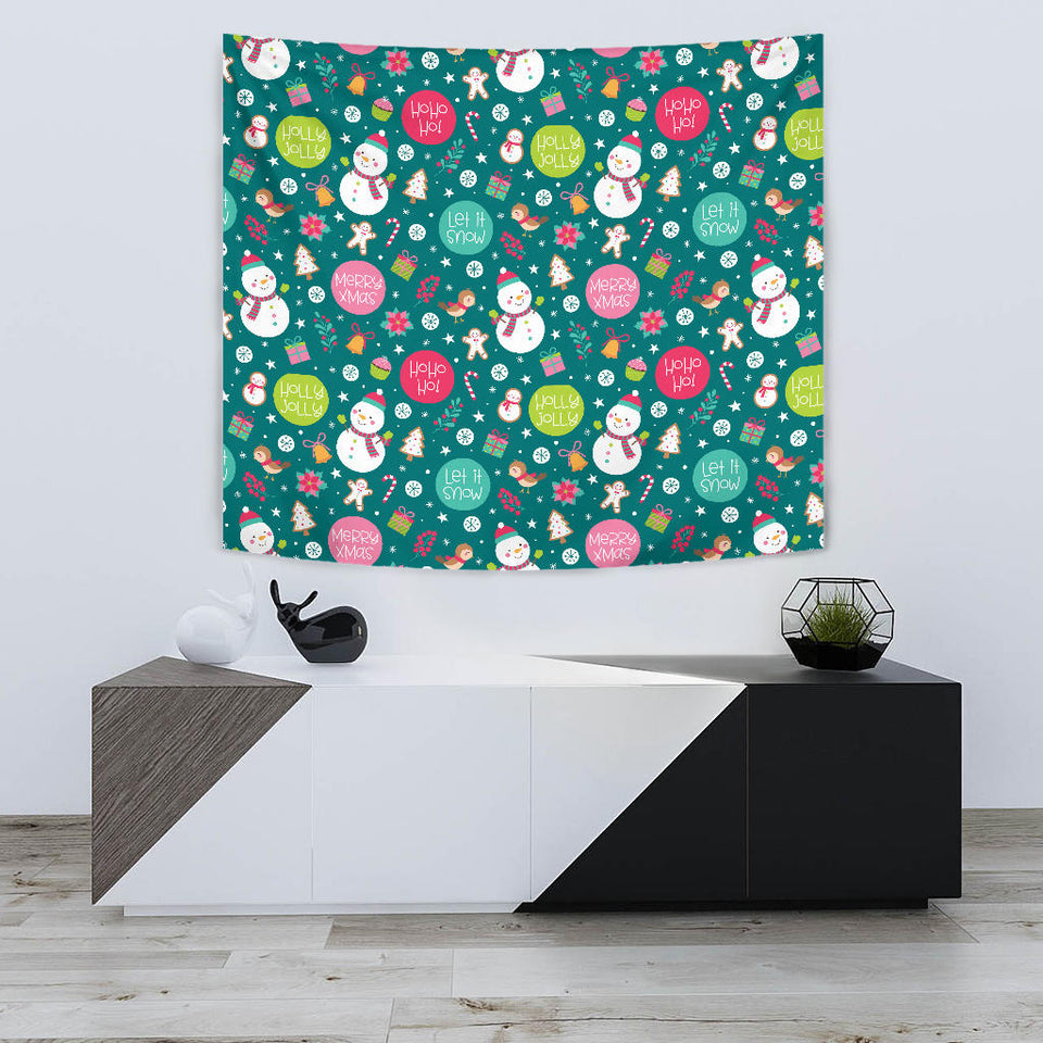 Snowman Bird Decorative Elements Christmas Pattern Wall Tapestry