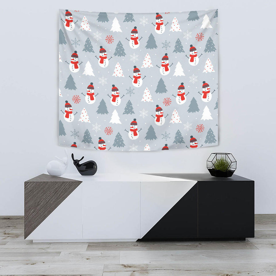 Snowman Christmas  Tree Snow Gray Background Wall Tapestry