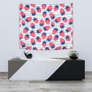Strawberry Pattern Blue Lines Background Wall Tapestry