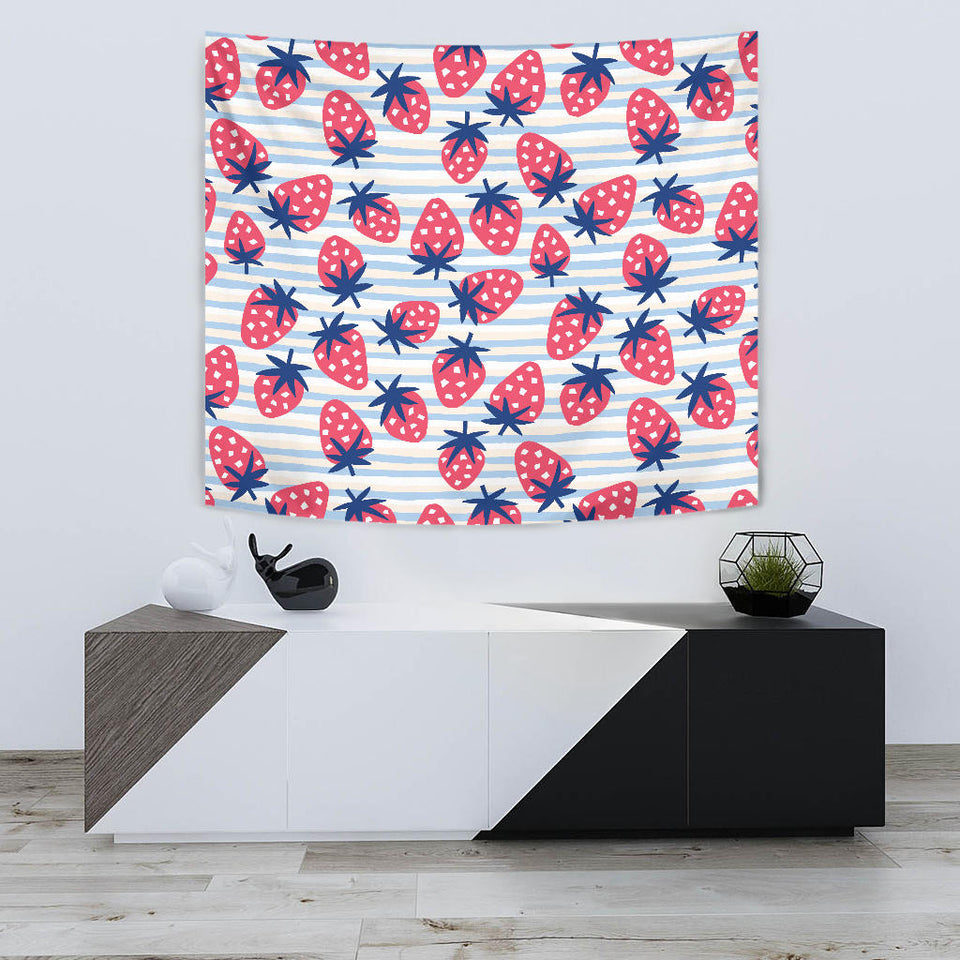 Strawberry Pattern Blue Lines Background Wall Tapestry
