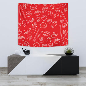 Sushi Pattern Red Background Wall Tapestry