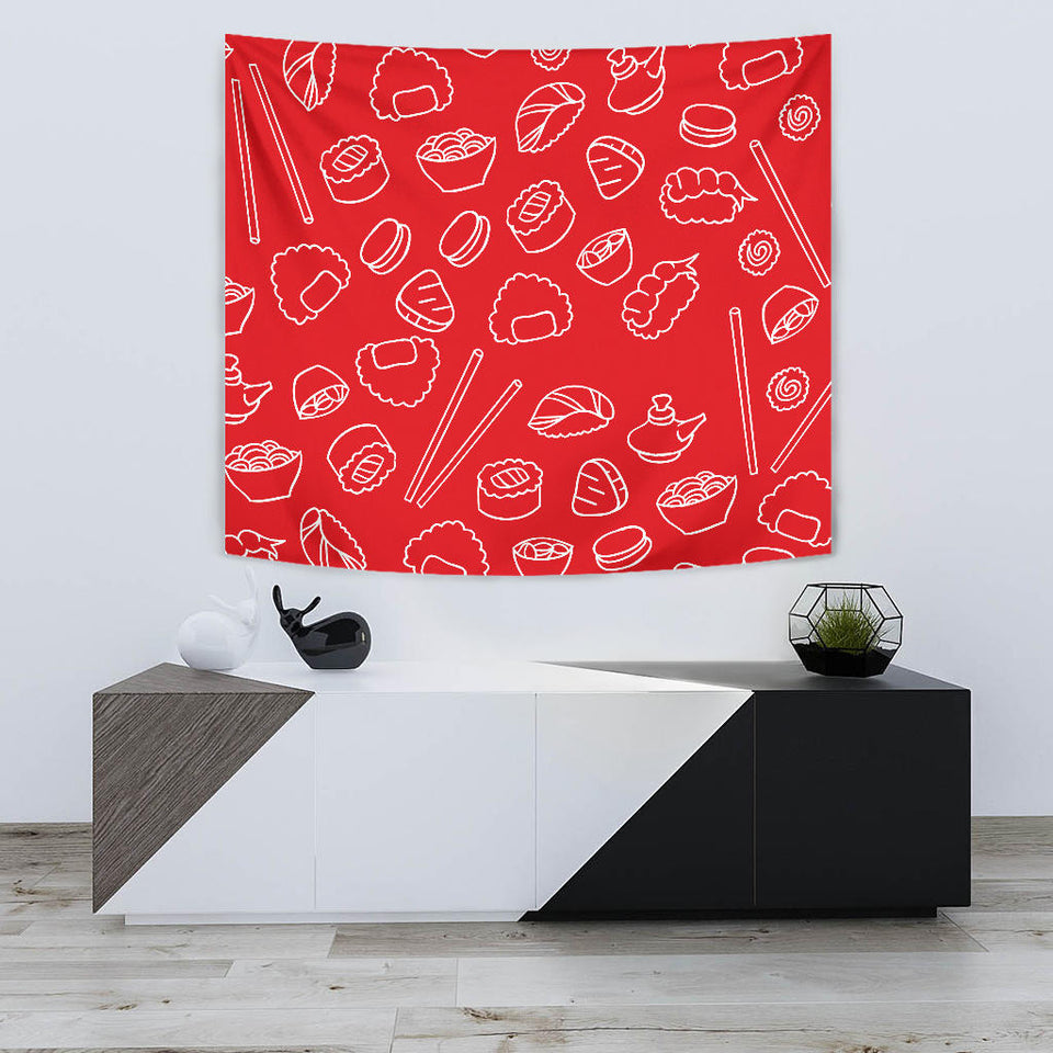 Sushi Pattern Red Background Wall Tapestry