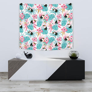 Toucan Tropical Flower Leave Pattern Wall Tapestry