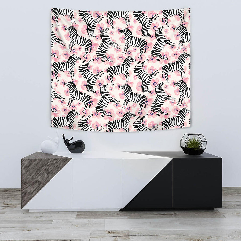 Zebra Pink Flower Background Wall Tapestry