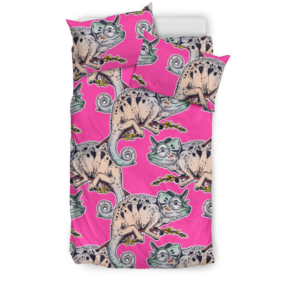 Chameleon Lizard Pattern Pink Background  Bedding Set