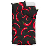 Chili Peppers Pattern Black Background  Bedding Set