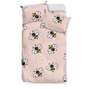Cute Bee Flower Pattern Pink Background  Bedding Set