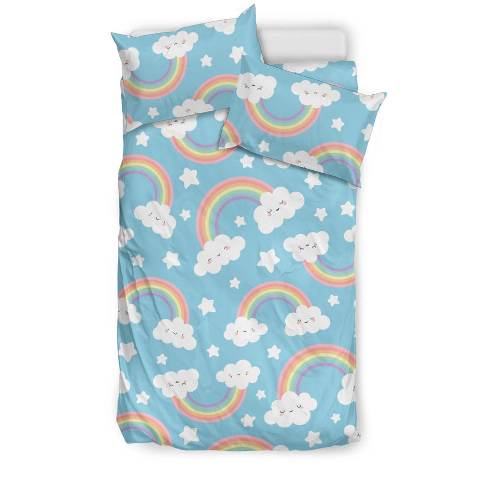 Cute Rainbow Clound Star Pattern Blue Background Bedding Set