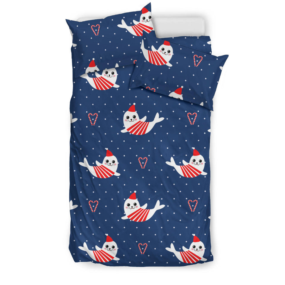 Cute Sea Lion Seal Christmas Hat Candy Cane Heart Pattern Bedding Set