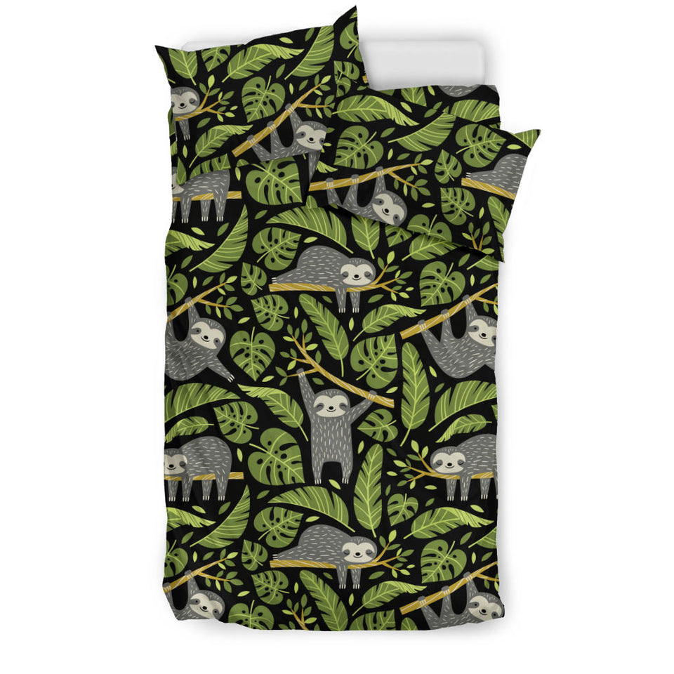 Cute Sloths Tropical Palm Leaves Black Background Bedding Set