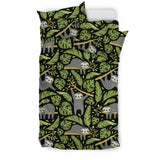 Cute Sloths Tropical Palm Leaves Black Background Bedding Set
