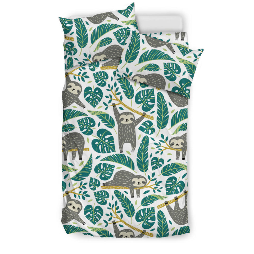 Cute Sloths Tropical Palm Leaves White Background Bedding Set