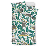 Cute Sloths Tropical Palm Leaves White Background Bedding Set