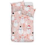 Cute Snowman Christmas Tree Snowpink Background Bedding Set
