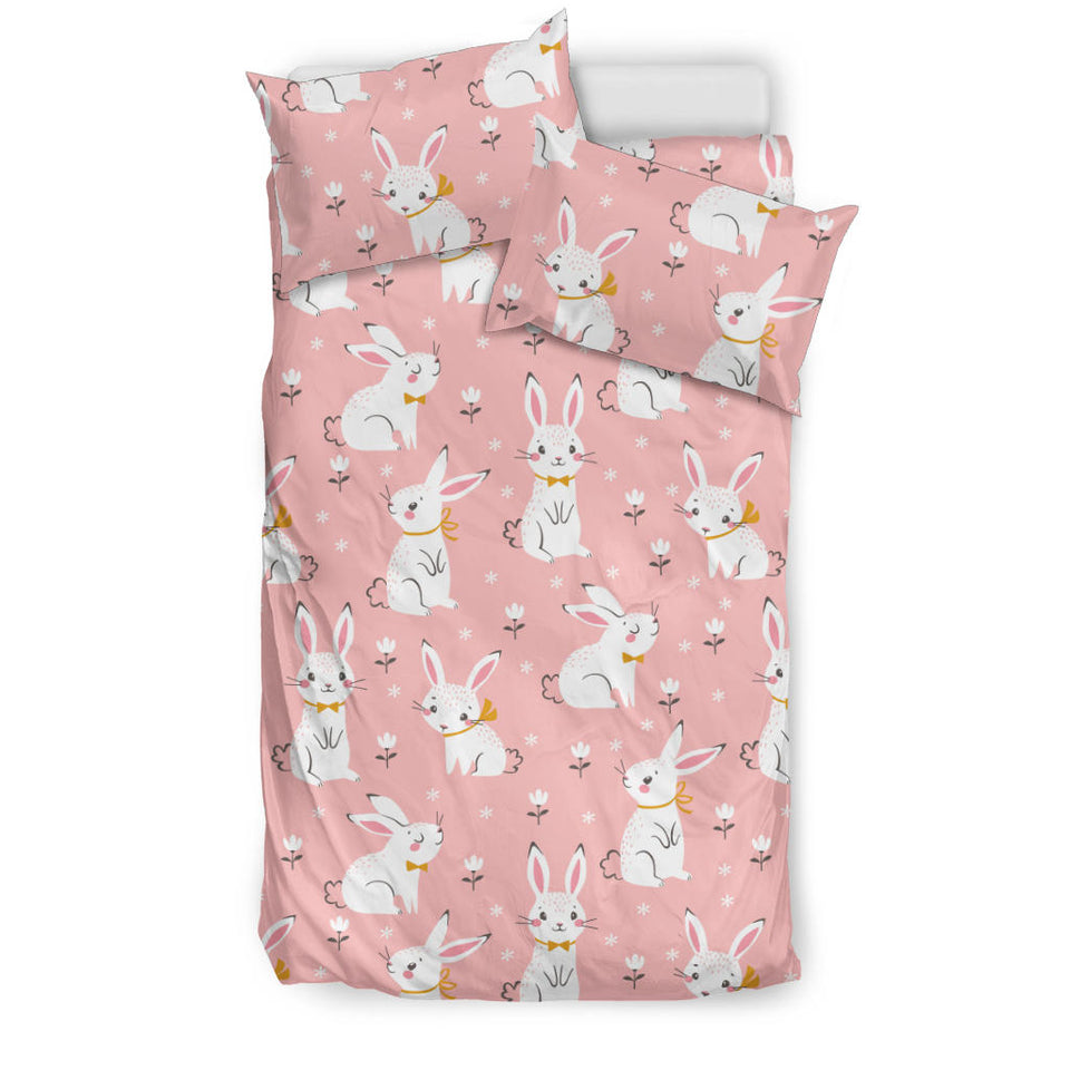Cute White Rabbit Flower Pink Background Bedding Set