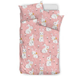 Cute White Rabbit Flower Pink Background Bedding Set