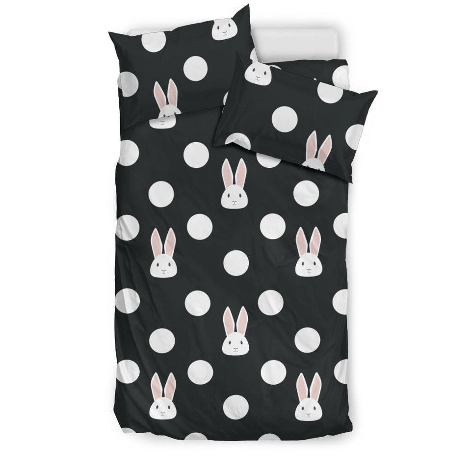 Cute White Rabbit Polka Dots Black Background Bedding Set