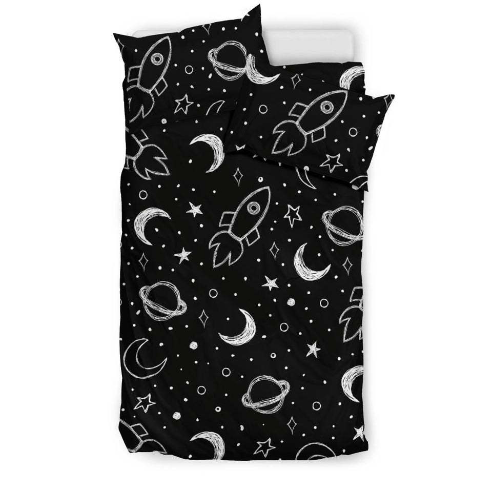 Hand Drawn Space Rocket Star Planet Bedding Set