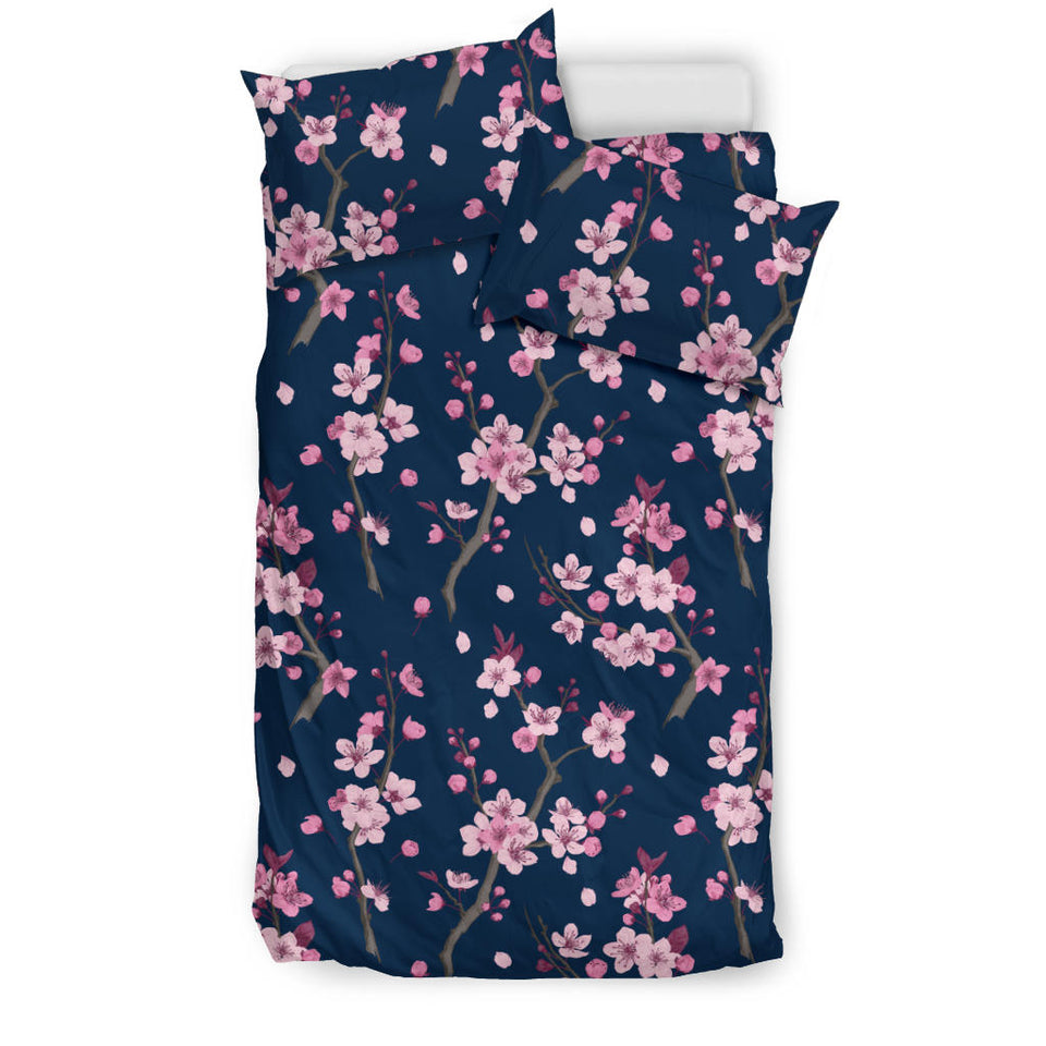 Pink Sakura Cherry Blossom Blue Background Bedding Set