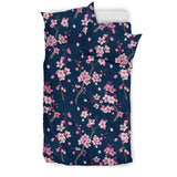 Pink Sakura Cherry Blossom Blue Background Bedding Set