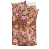 Pink Sakura Cherry Blossom Drak Brown Background Bedding Set