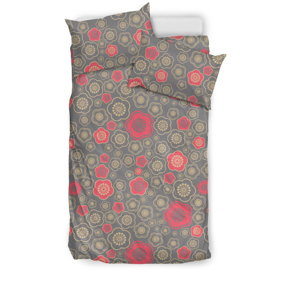 Red Gold Sakura Cherry Blossom Gray Background Bedding Set