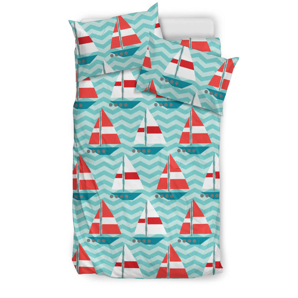 Red White Sailboat Wave Background Bedding Set
