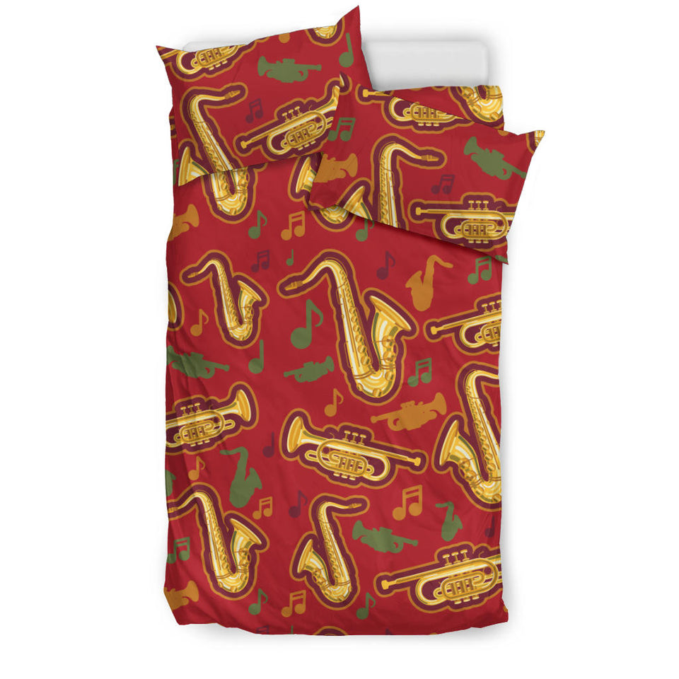 Saxophone Cornet Pattern Red Background Bedding Set