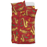 Saxophone Cornet Pattern Red Background Bedding Set