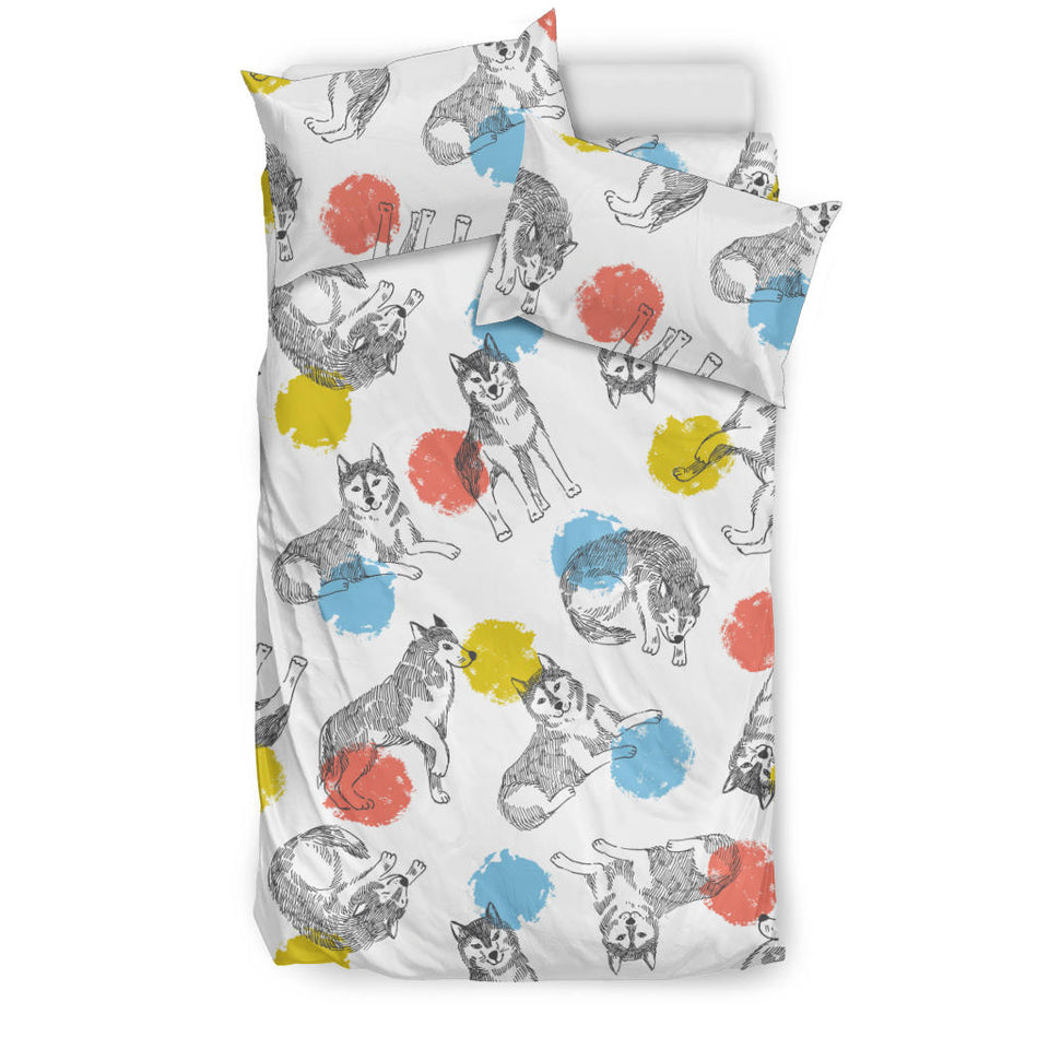 Siberian Husky And Colorful Circle Pattern Bedding Set