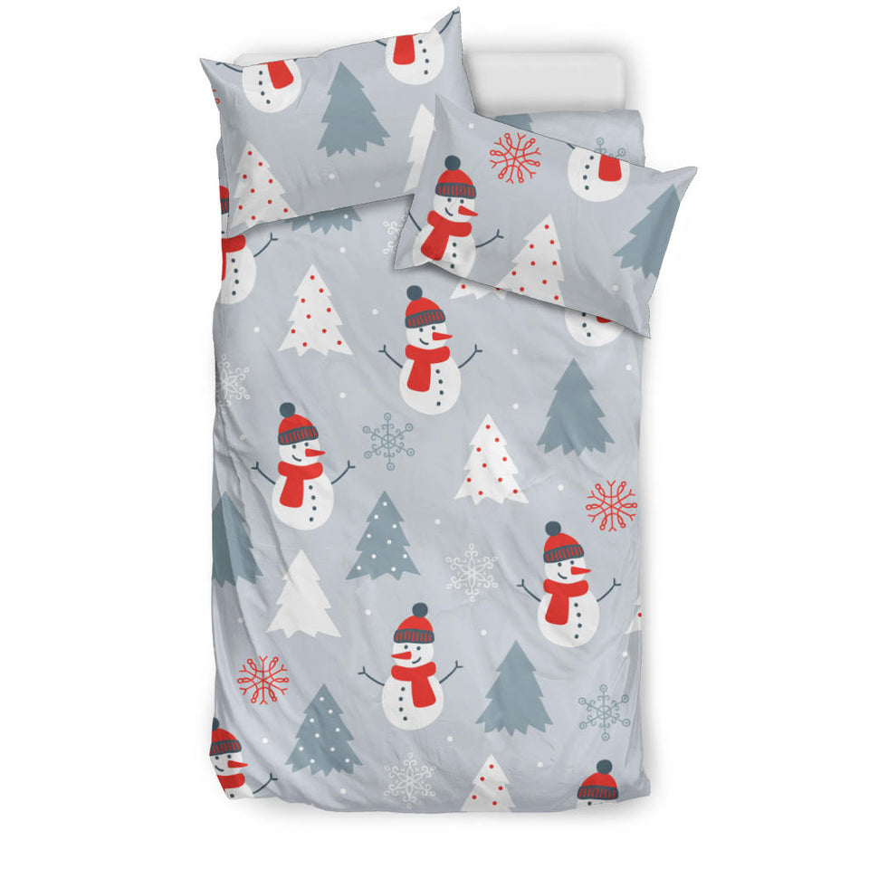 Snowman Christmas  Tree Snow Gray Background Bedding Set
