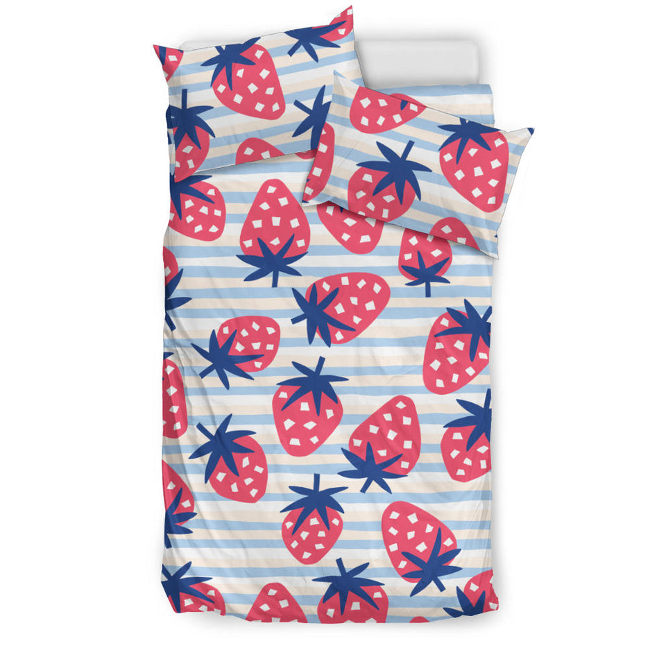 Strawberry Pattern Blue Lines Background Bedding Set
