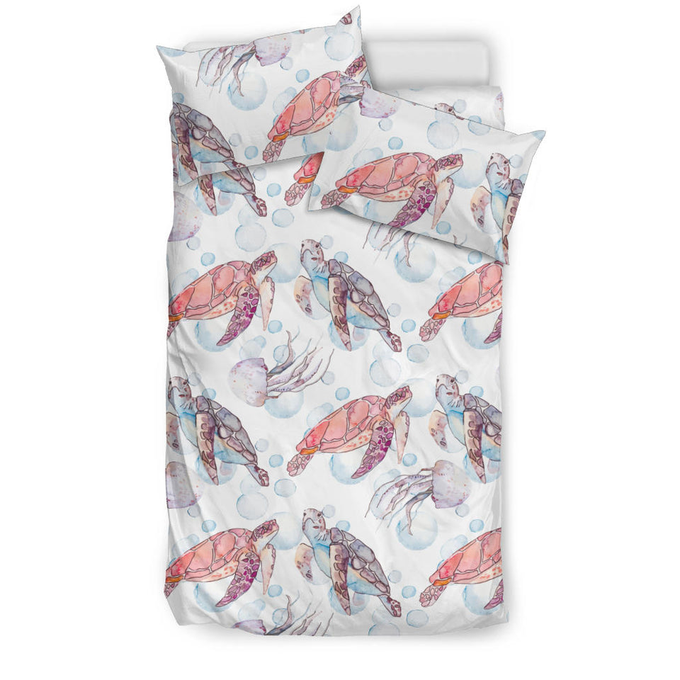 Watercolor Sea Turtle Jellyfish Pattern Bedding Set