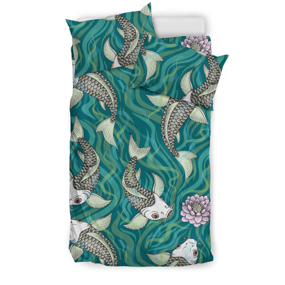 Koi Fish Carp Fish Lotus Pattern Bedding Set