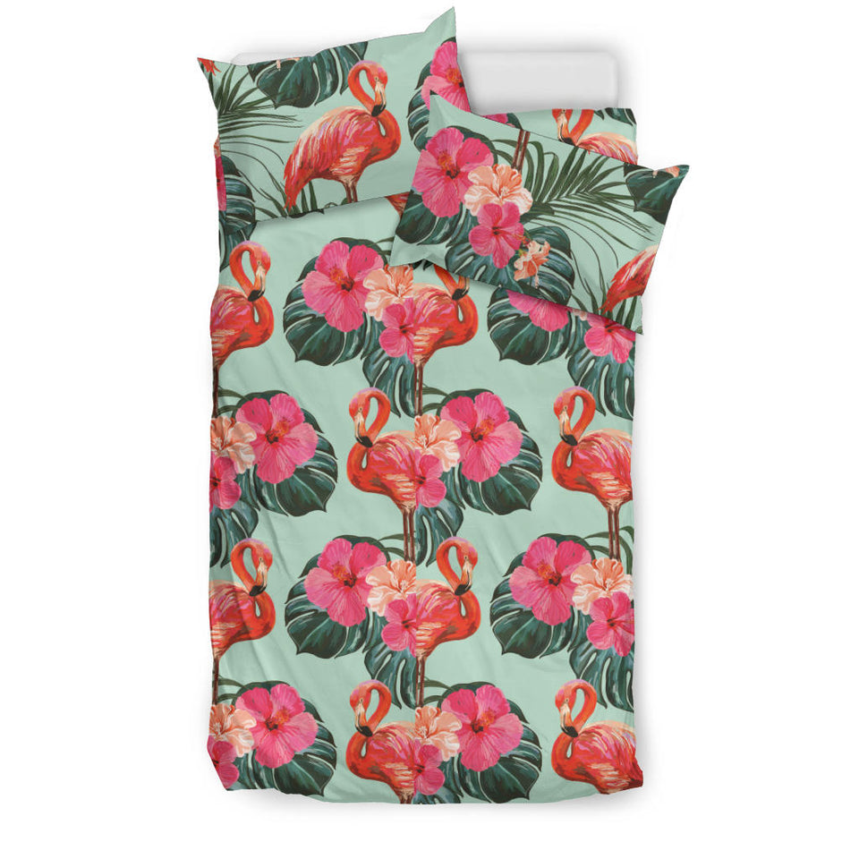 Beautiful Flamingo Tropical Palm Leaves Hibiscus Pateern Background Bedding Set
