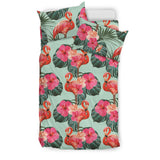 Beautiful Flamingo Tropical Palm Leaves Hibiscus Pateern Background Bedding Set