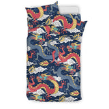 Blue Red Dragon Cloud Pattern Bedding Set
